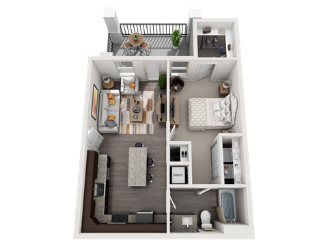 Floor plan for 1 bed, 1 bath, 640 sqft